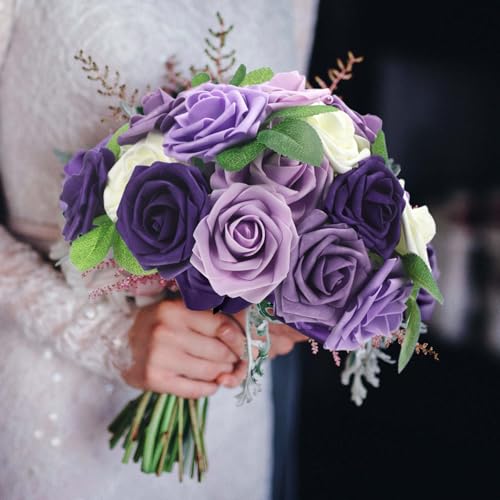 50 Pcs Artificial Foam Rose Flower Faux Bouquet Wedding Fake Rose Gift for Mother's Day Women DIY Bridal Shower Party Table Birthday Home Spring Decor (Shades of Lavender) - color: Shades of Lavender