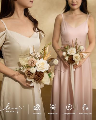 Ling's moment Artificial Wedding Flowers Combo, Fake Greenery for DIY Bouquets Centerpieces Decorations Foam Rose Ranunculus with Stems for Party Home Decor, Earth Brown & Sand Beige, Deluxe Combo - color: Earth Brown & Sand Beige, size: Deluxe