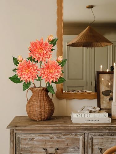 Artificial Dahlia Flowers – Set of 3 | 27.9" Tall Real-Touch Silk Dahlia Stems with Large 6.1" Blooms | Lifelike Peach Faux Flowers for Home Decor, Wedding, Centerpieces & Floral Arrangements - color: Peach