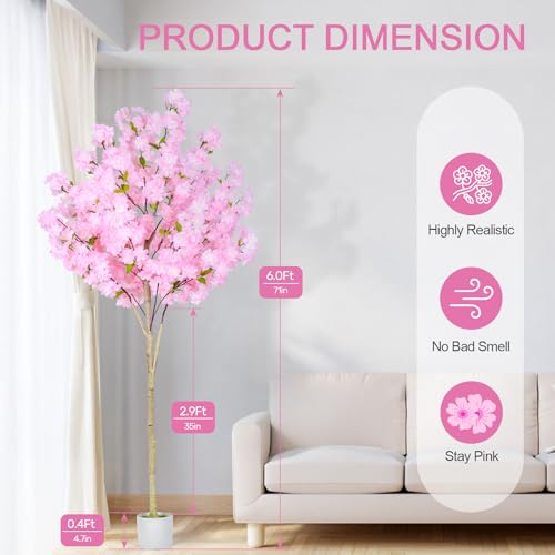 6FT Artificial Cherry Blossom Tree,Tall Fake Flower Tree with Realistic Pink Sakura in Nursery Pot,Blooming Fake Plants for Living Room,Bedroom,Office,Indoor/Outdoor Decor - size: 5ft 11in
