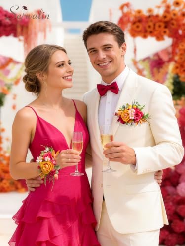 Serwalin Corsage and Boutonniere Set,2Pcs Hot Pink and Orange Rose Corsage Wristlet and Pocket Boutonniere for Men Prom Wedding Homecoming Anniversary Graduation - color: Hot Pink and Orange