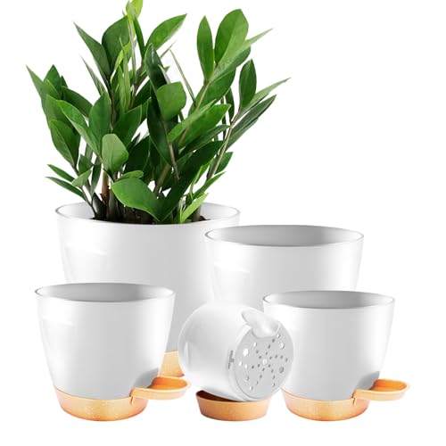 Self Watering Plant Pots with Drainage & Saucers, 5-Pack 7/6.5/6/5.5/5 in - Plastic Flower Pots for Indoor Plants, Succulents & Herbs, Planters for Indoor Outdoor & Balcony (White) - color: White