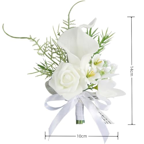 4PCS Calla Lily Boutonniere Handmade Romantic White Corsage Suitable for Wedding Ceremony, Anniversary, Dinner Dance (4), 10 x 14 cm