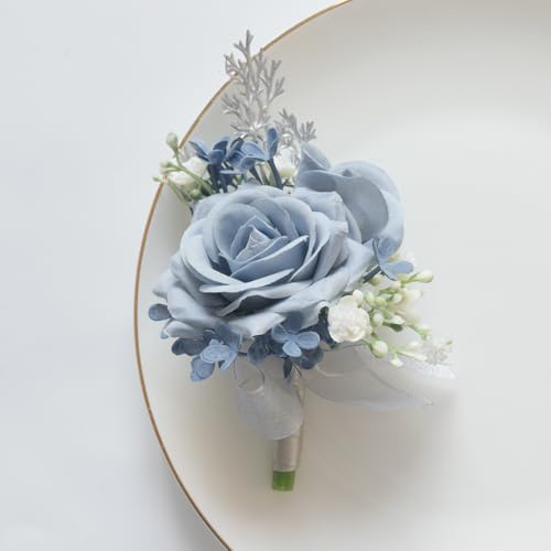MAFELOE 2 Pieces Men Boutonniere Corsage Set, Artificial Rose Flowers Accessories for Wedding Prom Party Ceremony Anniversary Suit Decor- Dusty Blue(X-M11-JM) - color: Dusty Blue