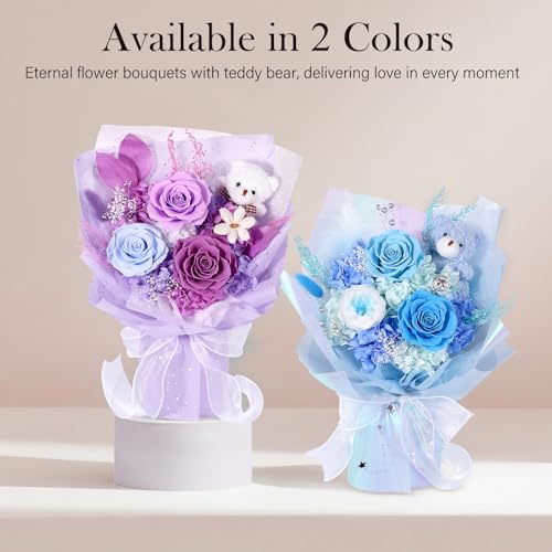 Preserved Flowers Bouquet with Bear, 3 Real Forever Flowers for Delivery, Long-Lasting Purple Eteranl Roses Bouquet, Anniversary Birthday Gifts for Women Mom Her Girlfriend Wife - color: Purple