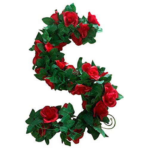 2 Pack Artificial Rose Vine Garland Fake Roses Flowers Plants Vines Hanging Floral Leaves Decoration for Wedding Party Table Garden Arch Wall Home Room Decor(Red) - color: Red, size: 【2 Pcs】