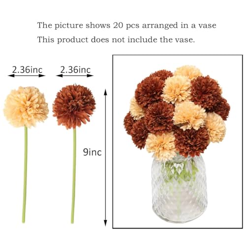 20Pcs Champagne Coffee Artificial Chrysanthemum Ball Hydrangea Silk Fake Flowers for Bridal Wedding Bouquet Home Garden Party Decor - color: Champagne Coffee，20pcs