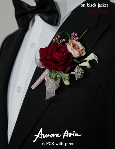 AuroraAria Red Boutonniere for Men,Set of 6,Groom Boutonniere for Wedding,Anniversary,Homecoming,Formal Dinner Party,Wedding Decor,Artificial Red Rose - color: Red