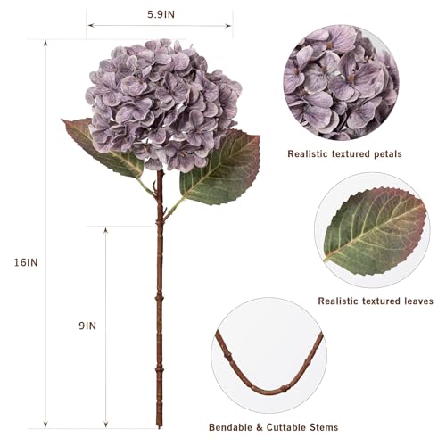 Artificial Flower Fake Silk Hydrangea Heads Bouquet With Stems Bulk for Fall Decoration Table Center Christmas Indoor Outdoor Faux Decorations Floral Realistic With Leaves Plants Craft(Grayish Purple) - color: Grayish Purple