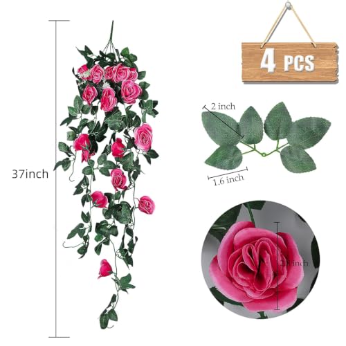 RECUTMS Artificial Rose Red Hanging Flower Plants, 4PCS 37 Inches Fake Floral Ivy Garland with 30 LED Fairy String Lights for Home Room Garden Wedding Labor Day Birthday Party Indoor Outdoor Decor - color: Rose Red, size: 4pcs light