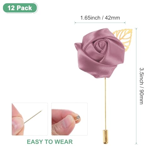 M METERXITY 12-Pack Flower Lapel Pins for Men, Golden Leaf Rose Boutonnieres Pin for Wedding/Dance/Party, Mens Lapel Pins for Suits Satin Flower Corsage Hat Pins [Red Bean Paste] - color: Red Bean Paste