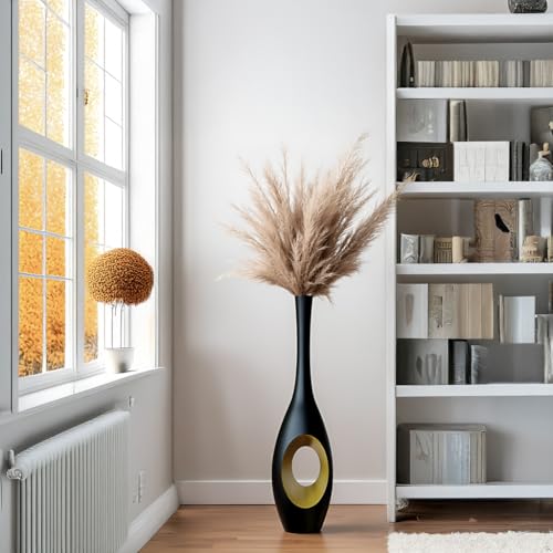 23.6 in Black Floor Vase – Modern Oval Tall Floor Vase with Gold Cutouts & Slim Neck, Decorative Vases for Luxury Home, Office, Wedding Decor – Resin Tall Vases