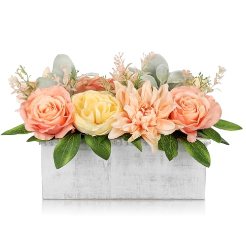 DILATATA Flower Arrangement with Wooden Vase 10" Artificial Flowers in Pot - Fake Flowers in White Rectangular Wooden Vase Potted Faux Flower Centerpieces for Table Decor Living Room - Orange - color: 10"l Orange