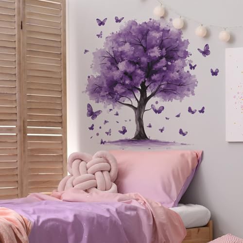 Purple Tree Wall Decals Removable Purple Butterfly Wall Stickers Peel and Stick Vinyl Plant Wall Decor Waterproof for Bedroom Living Room Bathroom Decorations - style: Purple Tree