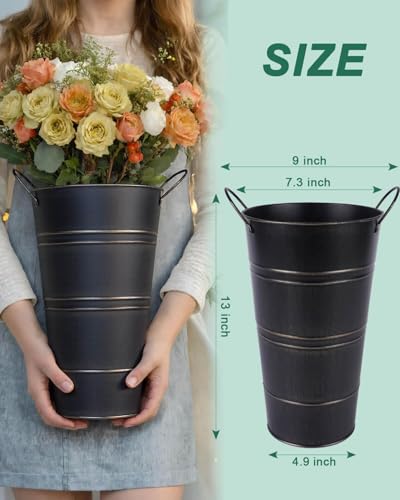 12 Inch Galvanized Metal Vases for Flowers - 6 Pcs Farmhouse Decorative Tall Flower Bucket with Handles, Rustic French Tin Planter Buckets for Wedding Decor (Black) - color: Black