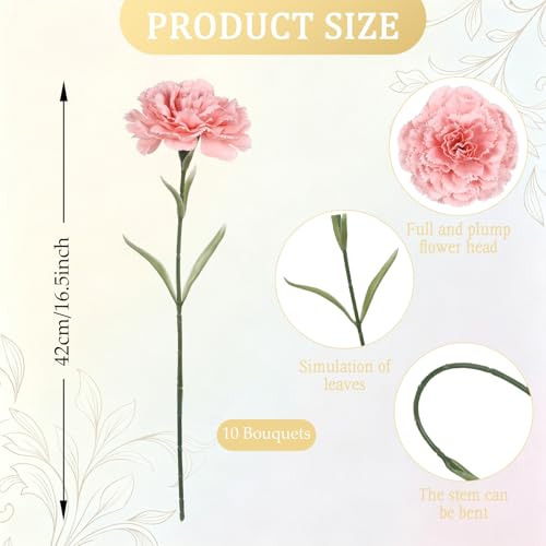 Pink Carnations Artificial Flowers 10Pcs Large Carnations Heads Lush Silk Flowers Bouquet with Stems for Wedding Bouquets Bridal Home Table Centerpieces(Pink) - color: Pink