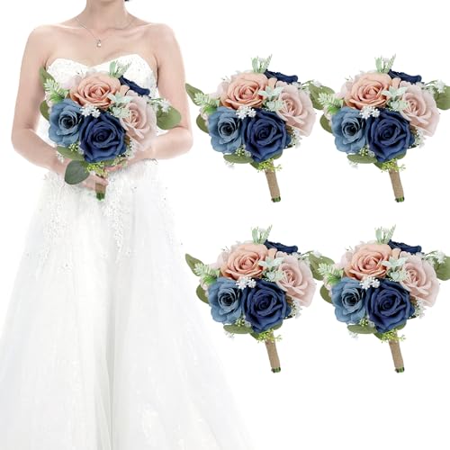 Set of 4 Bridesmaid Bouquets for Wedding - 7 Inch Artificial Flowers Bouquets for Ceremony Anniversary Centerpieces Decorations - Navy & Dusty - color: Navy & Dusty, size: Set of 4 Bridesmaid Bouquets