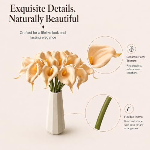 Mandy's 20pcs Champagne Calla Lily Artificial Flowers | 13.5 Inch PU Realistic Bouquet for Vase Elegant Home Decor Centerpiece Wedding Bridal Bouquet Table Decoration - color: Champagne