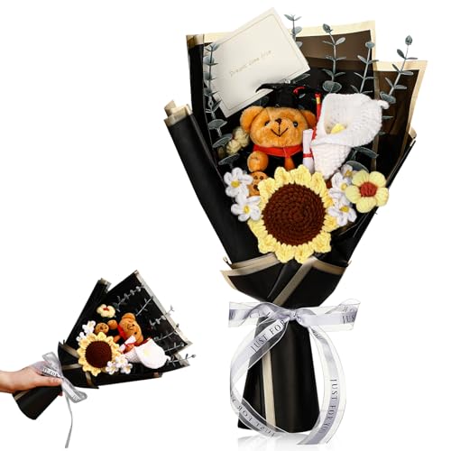 HyDren Graduation Gifts Large Graduation Crochet Flower Bouquet with Bear Sunflower Daisy Card Knitted Flower Bouquet Decorations Crochet Grad Bear CLAS of 2026 Gifts 14.95 x 11.81 Inch