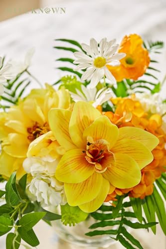WELL KNOWN Artificial Silk Flowers in Glass Vase for Dining Table Decor, Tropical Orange Orchid Flowers Bouquet Arrangement with Faux Water for Home Office Wedding Party Dining Table Centerpieces Gift - color: Tropical Orange
