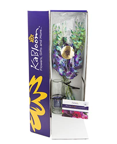 KaBloom-10 Blue Orchid Bouquet,Flowers for Valentine, Mother's Day - color: Blue, size: 10 count, style: With Vase