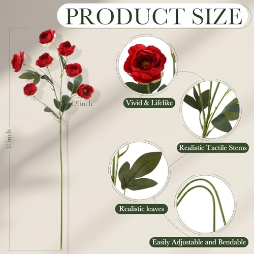 6 Pcs 32" Large Red Artificial Peonies Stems Flowers, Real Look Faux Silk Peony Bouquet 42 Heads Total for Vase Filler, Farmhouse Rustic Neutral Home Decor, Wedding Centerpieces - color: Red