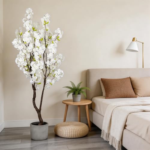 6.56ft White Artificial Cherry Blossom Tree Indoor Decor,Nearly Nature Silk Flower Fake Tree Tall,Realistic Faux Cherry Plant Tree for Christmas New Year Home Decor - color: White-ap17
