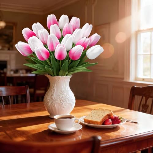 20 Pcs Tulips Artificial Flowers, 13.5'' Real Touch PU Fake Flowers Bouquet for Home Party, Spring Wedding Floral Arrangement, Valentine's, Easter and Mother's Day Decor (White,Rose Red) - color: White,rose Red