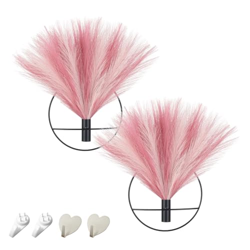Pretty Jolly Boho Wall Decor - Hanging Artificial Pampas Display for Living Room, Bedroom, Bathroom, Dining Room - Wall-Mounted Metal Plant Art, 2 Pack, Ice Pink, Dark Pink, Black - color: 31-pampas-IcePink&DarkPink - Black Ring, size: S 7.8inch (Black Ri