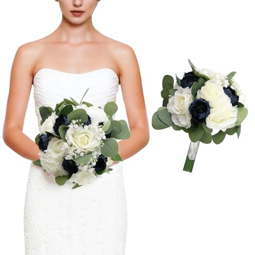 Wedding Bouquets for Bride, 11 Inch Bridesmaids Bouquets Artificial Flower Bouquets for Wedding Ceremony Bridal Shower Decorations - Navy Blue & White - color: Navy Blue & White