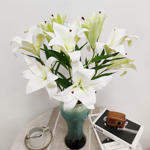 Artificial Lily Flowers,4 Pcs Faux Lily Flowers,32.5 Inch Long Stem Tiger Lily Branch with 2 Full Blooms and 1 Bud, Latex Real Touch Lilium Flower for Wedding Bouquet (4, White) - color: White