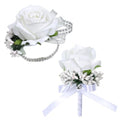 Lusofie Sparkling White Rose Corsage and Boutonniere Set for Women Men - 2Pcs Elegant Rhinestone Wristlet, Artificial Flowers for Prom Wedding Homecoming Party
