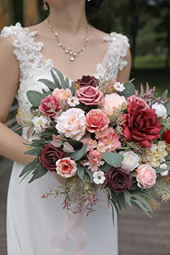 rongflower Artificial Flowers Combo Box Set Burgundy Pink Fake Flower Leaf Box with Stems for DIY Wedding Bouquets Centerpieces Arch Arrangement Baby Shower Party Home Decorations - color: Burgundy Pink
