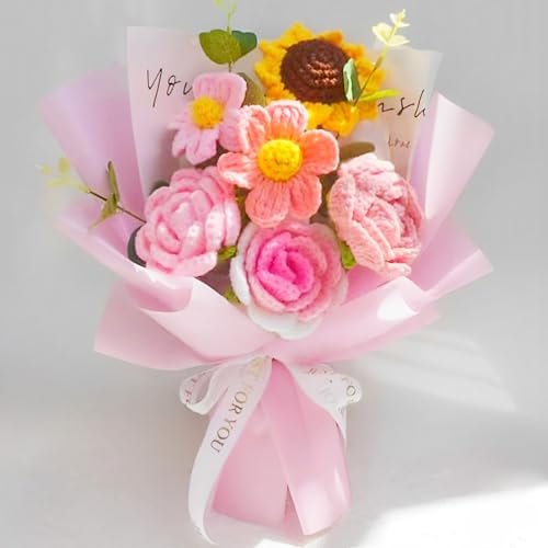 Crochet Flowers Bouquet, Handmade Crochet Rose Bouquet Pink,Knitted Flowers,Crochet Roses & Sunflower & Daisys for Home Decor,Birthday,Valentine's Day - color: Pink - Rose Sunflower Daisy