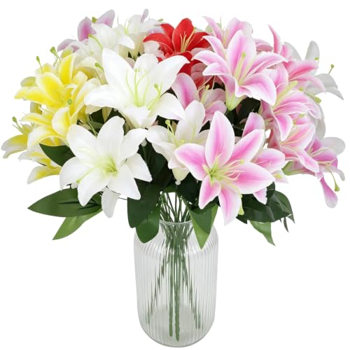 ZeKonan 10 Pcs Artificial Lily Flowers Faux Fake Silk Lilies Bouquets | Home Kitchen Wedding Party Decor, Table Centerpieces Decoration, Flower Arrangement Decor, 5 Colors Mixed, 14in - color: 10 Pcs-c Mix