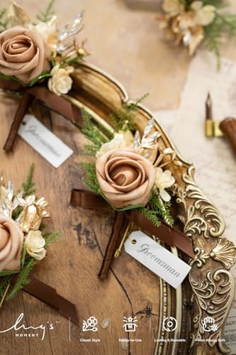 Ling's moment Boutonniere for Men, 6pcs Groom Groomsmen Boutonniere, Artificial Flowers for Wedding Decor/Prom/Homecoming, etc.Walnut Brown - color: Brn-walnut Brown