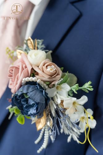 TINGE TIME Luxury Groom Boutonniere for Wedding, 1 PCS Pocket Boutonniere for Men, Artificial Corsage for Wedding, Prom, Homecoming, Anniversary, Graduation (DustyRose&NavyBlue) - color: Dusty Rose & Navy Blue