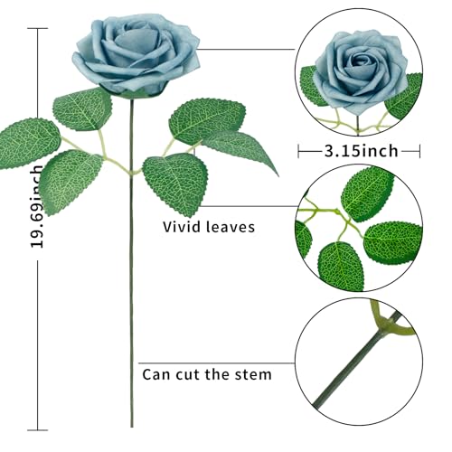 [25PCS] Light Blue Roses Artificial Flowers with Long Stem Real Touch Fake Foam Roses for Decoration DIY Wedding Bouquets Centerpieces Bridal Shower Flower Arrangements Home Decor - color: Light Blue