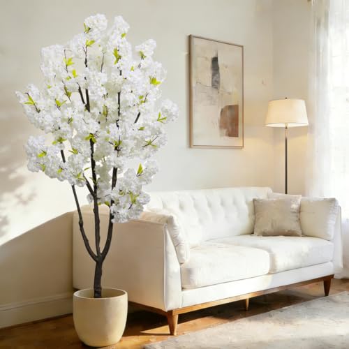 BINCUE Artificial White Cherry Blossom Tree Fake Tree Cherry Blossom Decor Fake Flowers Faux Flowering Tree White Flowers Floral Artificial Plants for Indoors Outdoors Room Home Decor Gift 6FT - color: White-02ap
