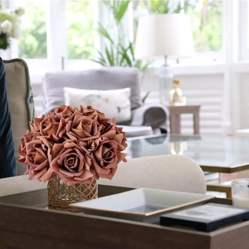 JINWOE 10pcs Artificial Roses Single Stem Faux Rose for Wedding Table Centerpieces Party Home Decoration (Coffee) - color: Coffee