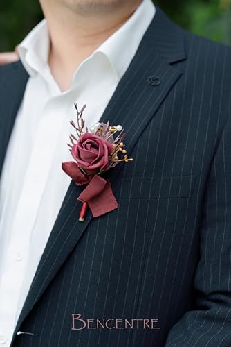 Burgundy & White Boutonniere for Men,Gothic Prom boutonnieres,Groom and Groomsmen Boutonniere for Wedding Ceremony Anniversary, Formal Dinner Party and Grad Night (Set of 6) - color: Burgundy&white, size: set of 6