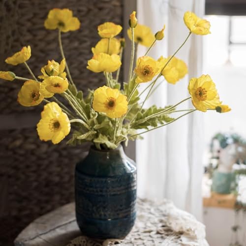 Lifelike Artificial Poppy Flowers, 8 Stems Silk Bouquet with Flocked Stems & Leaves – for Wedding Centerpieces, Home Decor, Table Arrangements - color: 8pcs Yellow