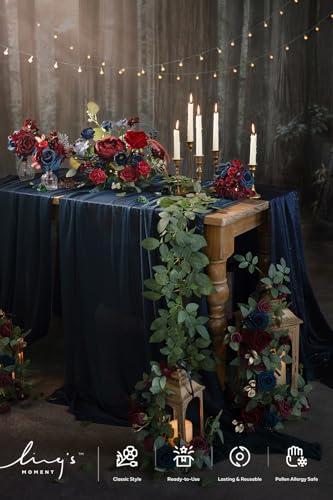 Ling's moment 6Pack 1.8ft Artificial Flowers Garland Burgundy Lantern Flower Arch Floral Centerpieces Navy Blue Wedding Aisle Chair Flowers for Signs Table Wall Cake Decoration（not including lanterns） - color: Blu-burgundy & Navy