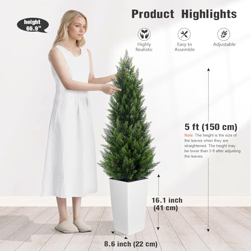 5FT Tall Artificial Cedar Topiary Tree with Compact Pyramidal Shape, Realistic Faux Cypress in Square White Pot with Fillable Water Bag, Outdoor Evergreen for Front Porch Garden Home Decor - color: White-pyramid Topiary, size: 5ft-1pack