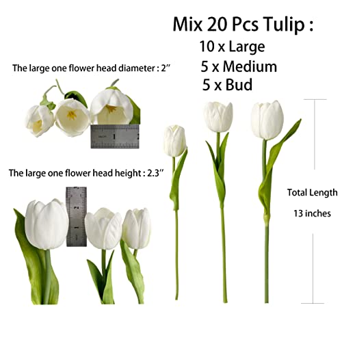 ZYTUYO 20 PCS Fake Tulips White Artificial Flowers 13" Real Touch Tulips Mix Tulip Bulbs Wedding Bouquet for Xmas Home Spring Flower Decor New Year Easter