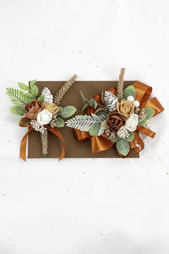 Terracotta Orange Corsage and Boutonniere Set Wrist Corsage Wristlet for Prom Groom Flower Boutonniere for Men Wedding Party Homecoming Accessories Suit - color: Terracotta Orange