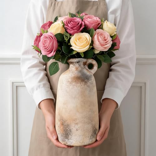 Ceramic Flower Vase, 10.1" Rustic Farmhouse Vase with Glazed Interior, Decorative Pottery Vase for Fresh Flowers, Pampas Grass, Living Room, Dining Table, Mantel and Shelf Decor - color: Rustic-5.1"l X 5.1"w X 10.1"h