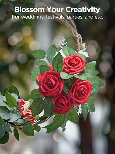 InnoGear Artificial Flowers, 50 Pcs Dark Red Foam Fake Roses Bulk with Stems for Mother's Gift Decoration Celebration DIY Wedding Bouquets Centerpieces Bridal Shower Party Christmas Tree - color: Dark Red