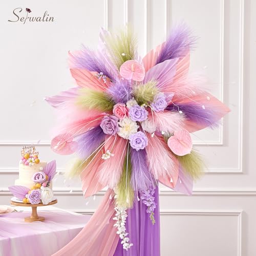 Serwalin Gradient Light Pink Pampas Grass Decor,17.7 Inch 6 Pcs Artificial Fluffy Pampas Grass,Short Faux Pampas for Home Room Bathroom Table Centerpieces Decoration - color: Z Gradient Light Pink, size: 17 Inch 6 Pcs