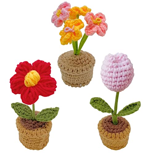 JOONOR 3PCS Mini Crochet Flower Potted Plant,Knitted Fake Tulip Puff Flower for Bathroom Home Kitchen Rustic Table Centerpiece Shelf Decor - color: Color#6